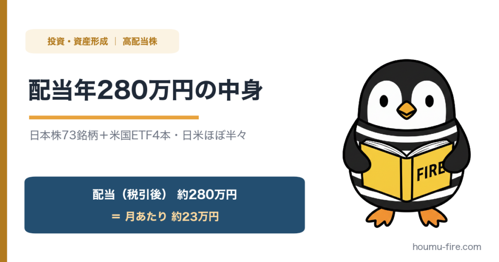 配当年280万円（税引後）の中身を公開。日本株73銘柄＋米国ETF4本、日米高配当株ほぼ半々の設計 のアイキャッチ画像