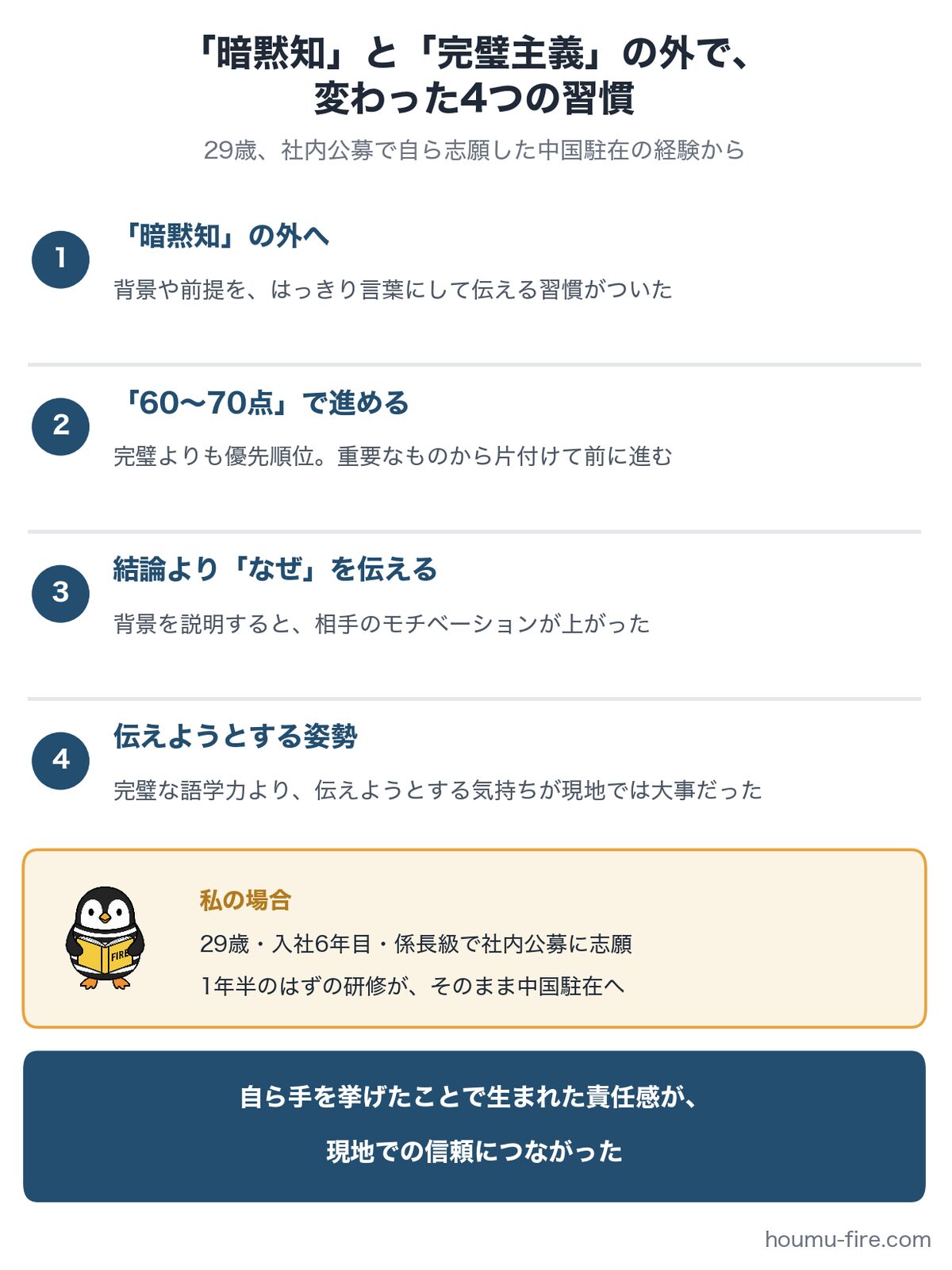 海外赴任で暗黙知と完璧主義の外に出て変わった4つの習慣の図解