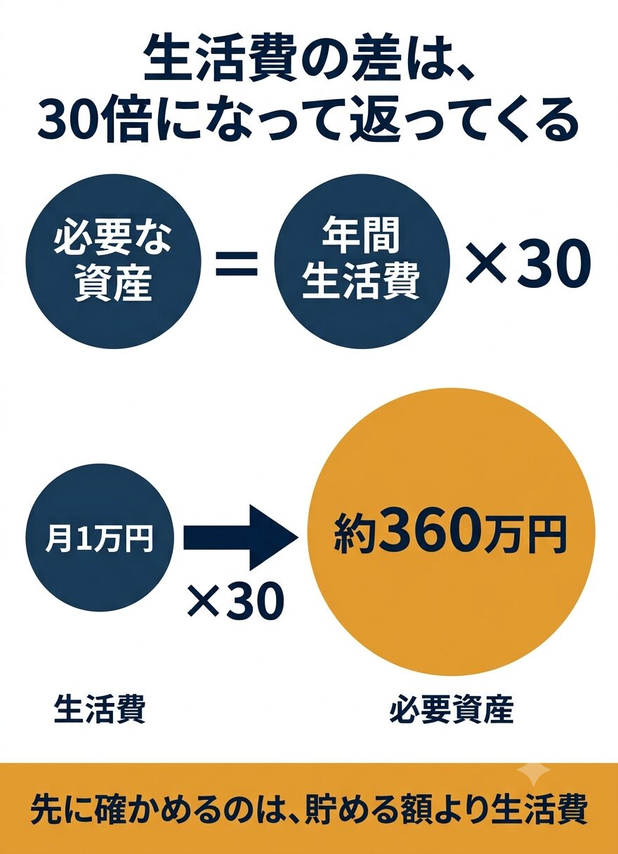必要資産は年間生活費×30。生活費の差が30倍になって必要資産に跳ね返る図解