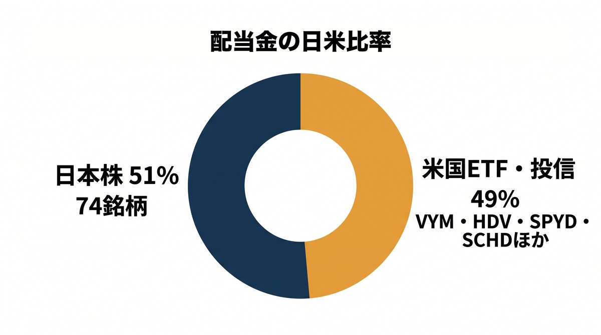 配当金の日米比率の円グラフ 日本株51% 米国ETF・投信49%