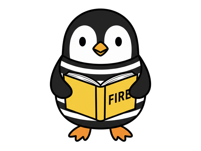「FIRE」と書かれた本を読む、ペンギンのキャラクター「ペンタ」