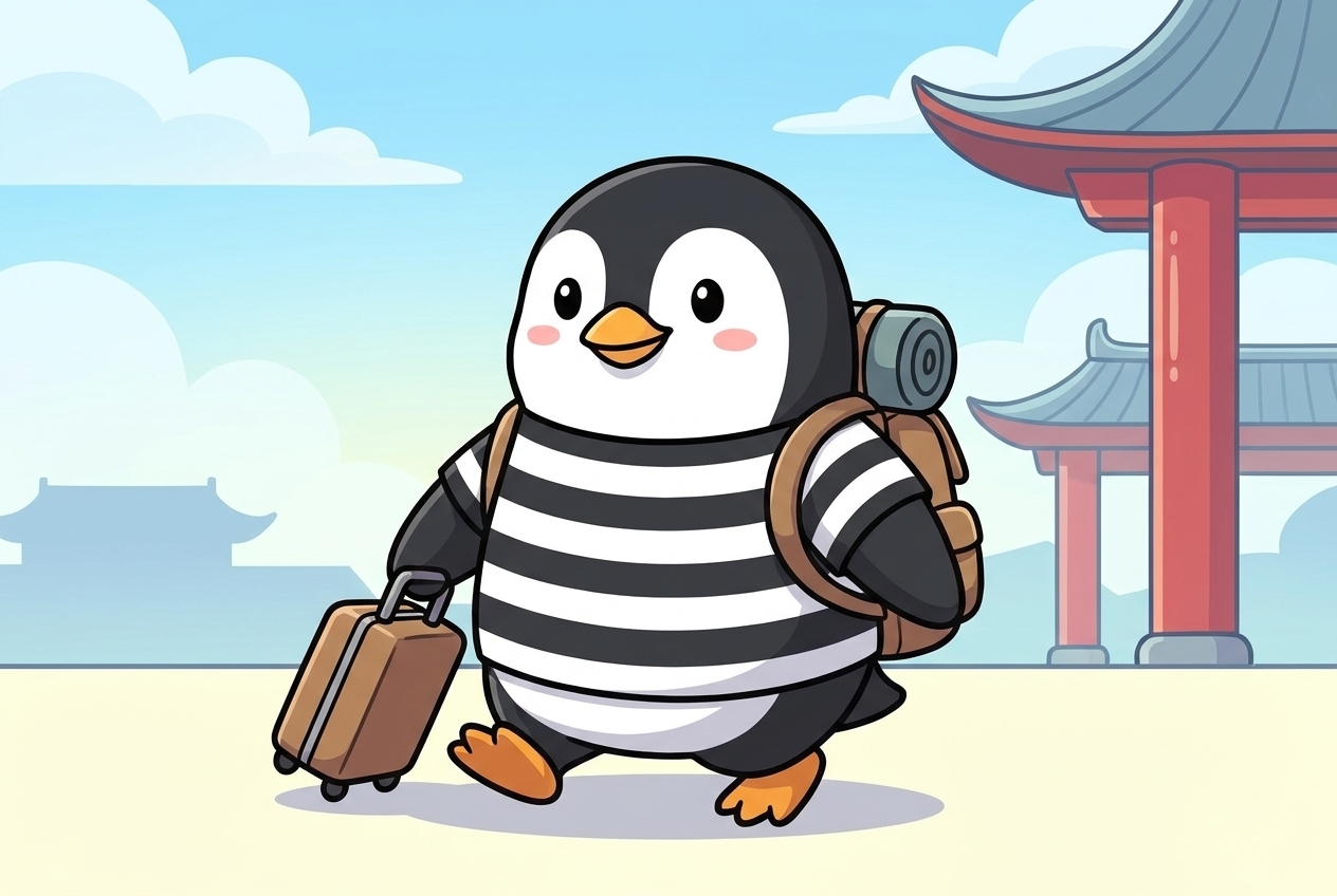リュックを背負い、キャリーケースを引いて、中国へ向かって歩くペンギンのキャラクター「ペンタ」