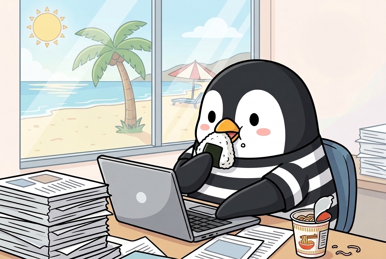 書類の山のそばで、おにぎりをかじりながらパソコンで仕事をするペンギンのペンタ。窓の外には海辺の景色が広がっている